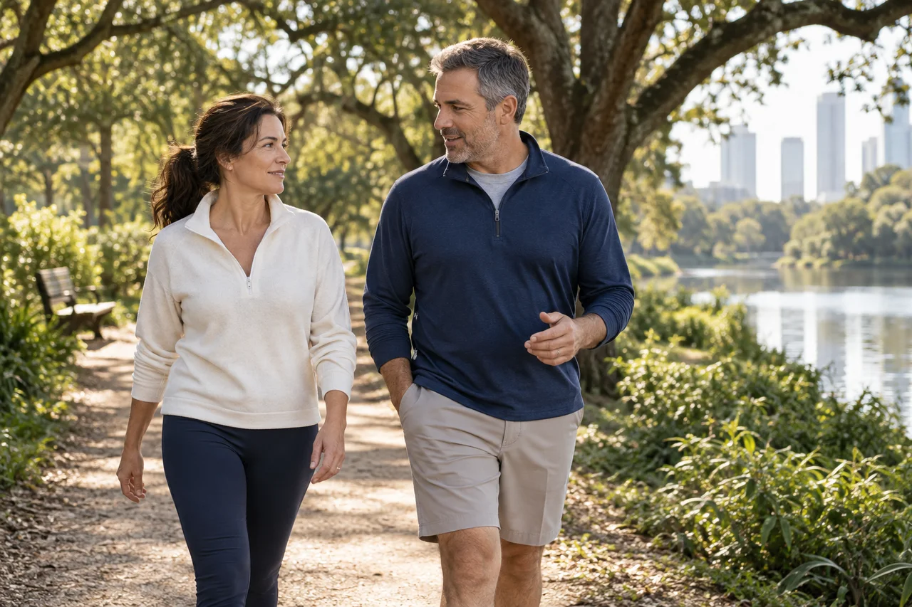 Illustrative lifestyle scene: a couple enjoying a morning walk together