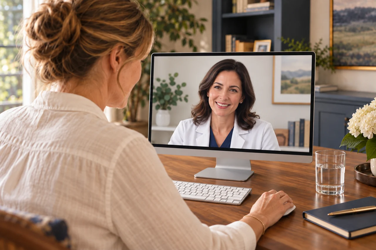 Illustrative telehealth conversation with a nurse practitioner on a desktop monitor